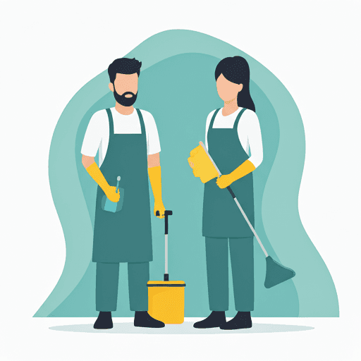 Professional cleaning team in uniform smiling in a bright office